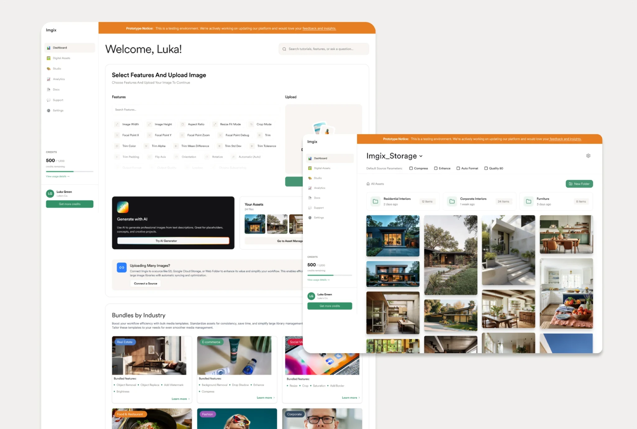 Imgix dashboard prototype previewed alongside the account management modal