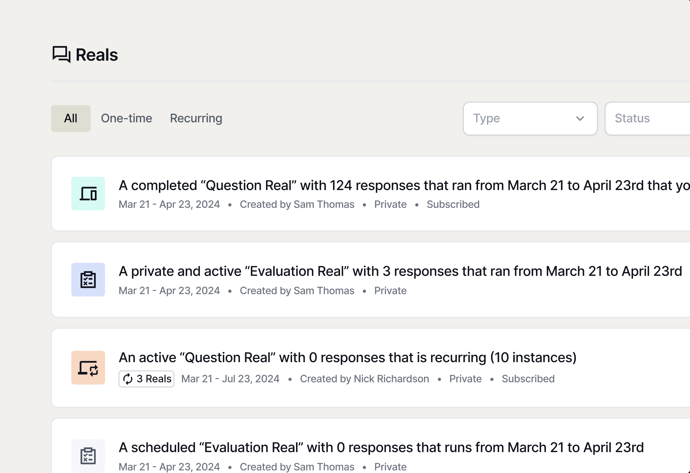 Parsec Real admin list showing completed, private, archived, and scheduled reels