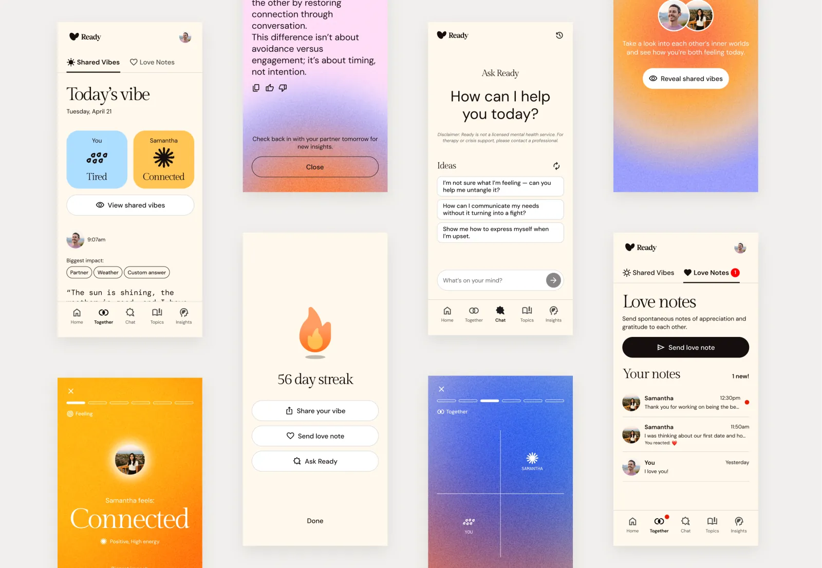 A grid of Ready Together app screens showing daily check-ins, shared vibes, and love notes between couples